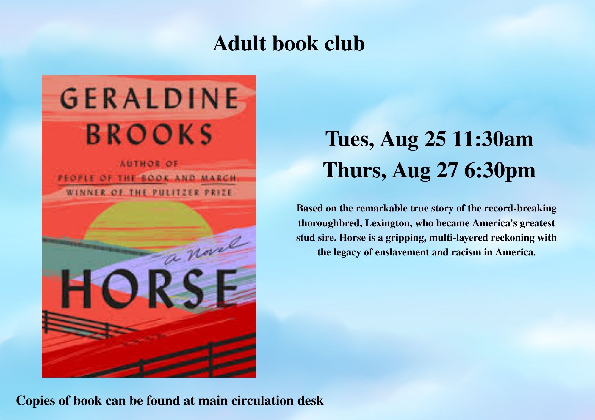 Adult Book Discussion, Tues. Aug 25th or Thurs. Aug 27