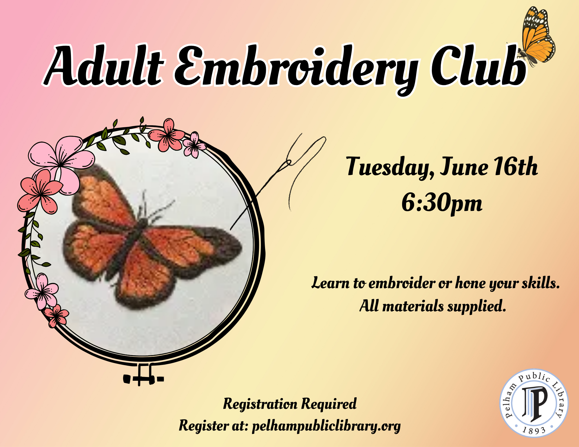 Adult Embroidery Club, Tues. June 16th