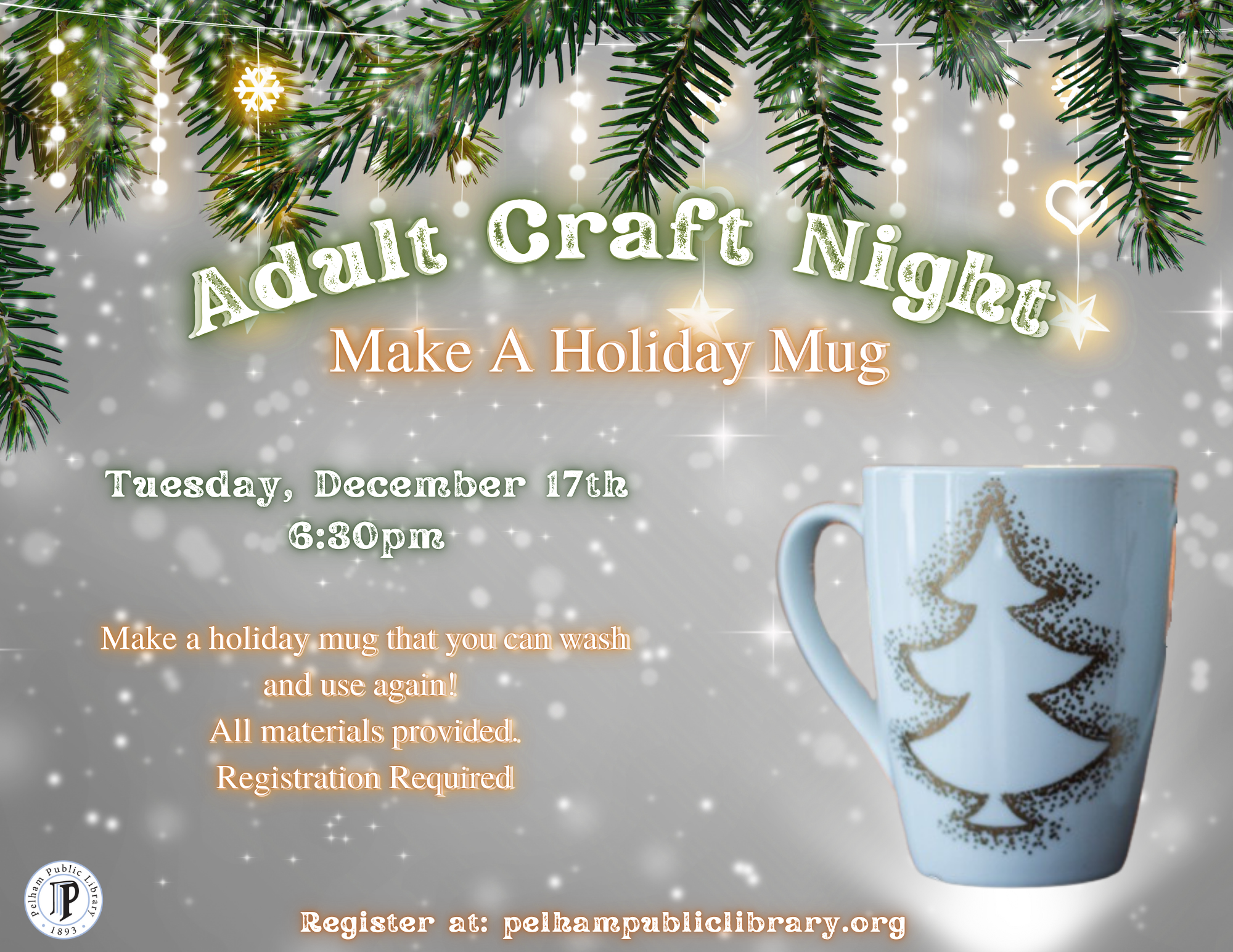 Adult Craft Night: Make a holiday mug, Tuesday Dec 17th, 6:30pm