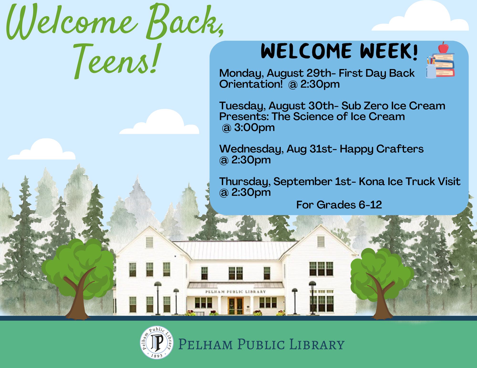 welcome back teens with image of library