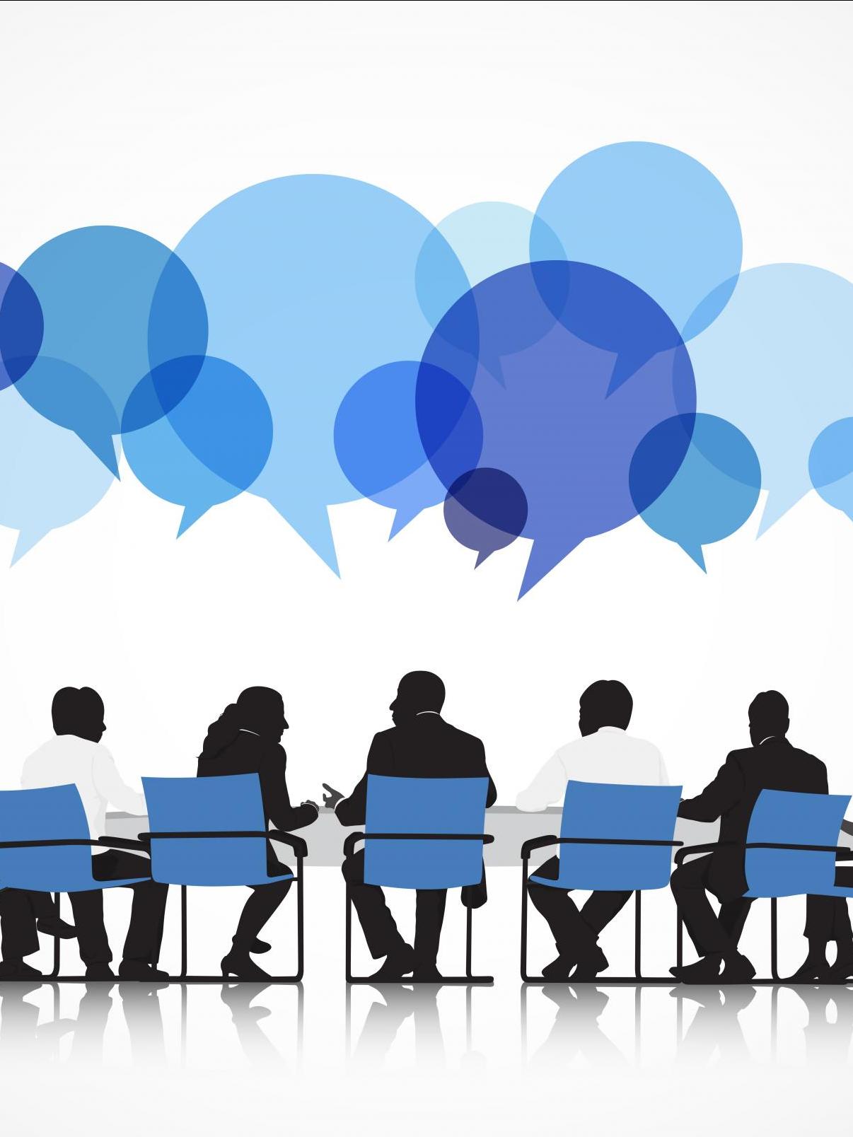 people sitting around a table with word bubbles over their heads