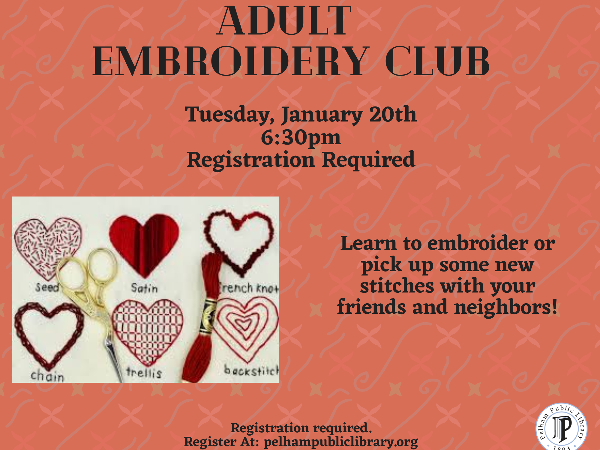 Adult Embroidery Club, Tuesday Jan 20th