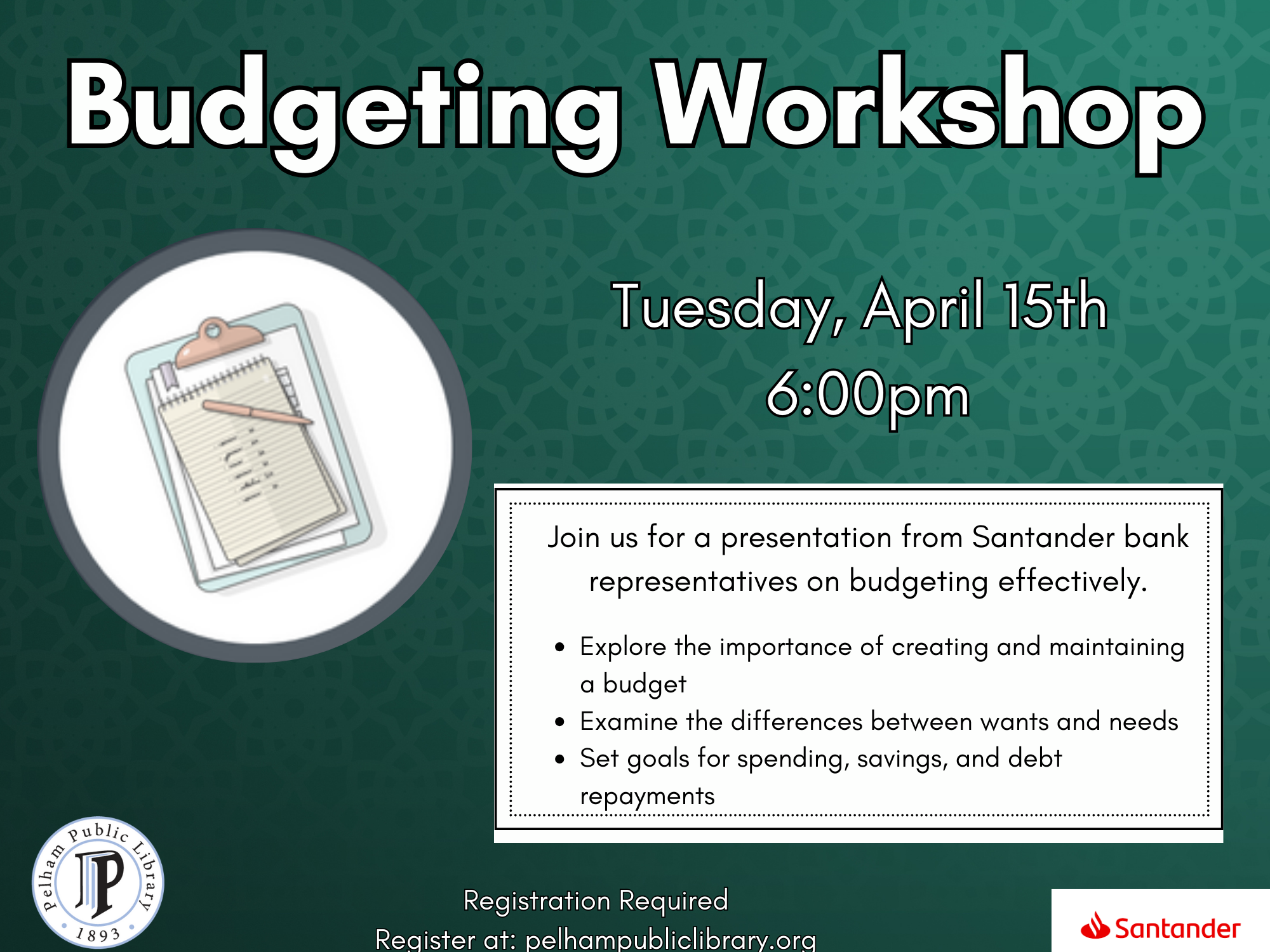 Budgeting Workshop, April 15th 6pm