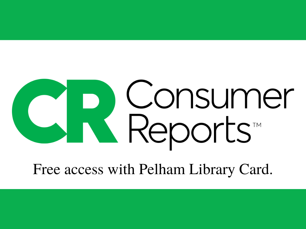 Consumer Reports logo, free access with Pelham Library Card.