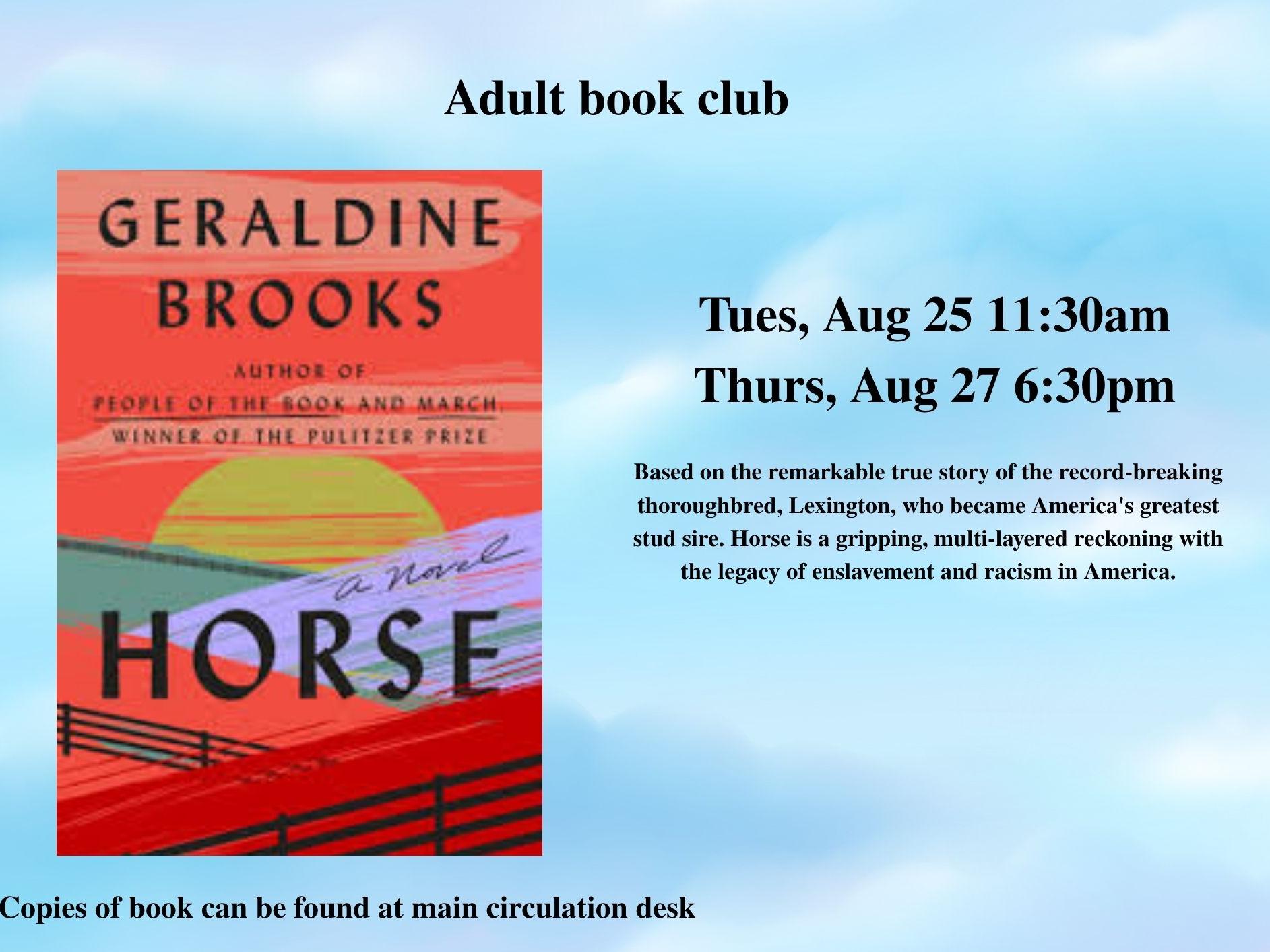 Adult Book Discussion, Tues. Aug 25th or Thurs. Aug 27