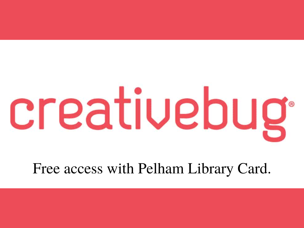 Creativebug logo: free access with Pelham Library Card.
