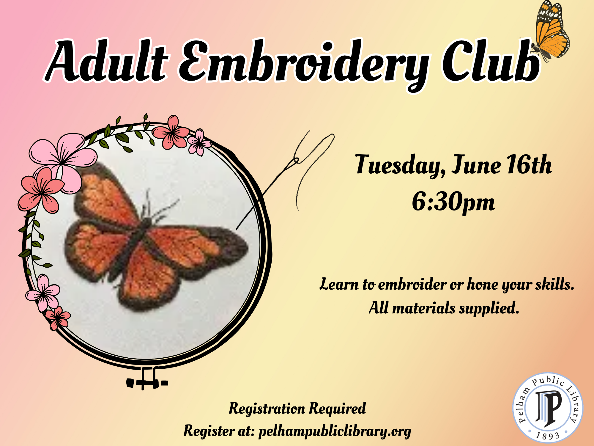 Adult Embroidery Club, Tues. June 16th