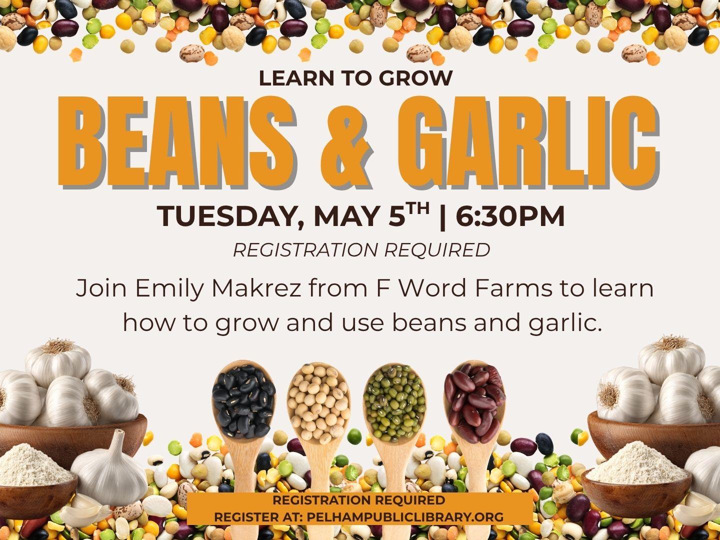 Learn to grow beans and garlic, Tues May 5th. 6:30pm