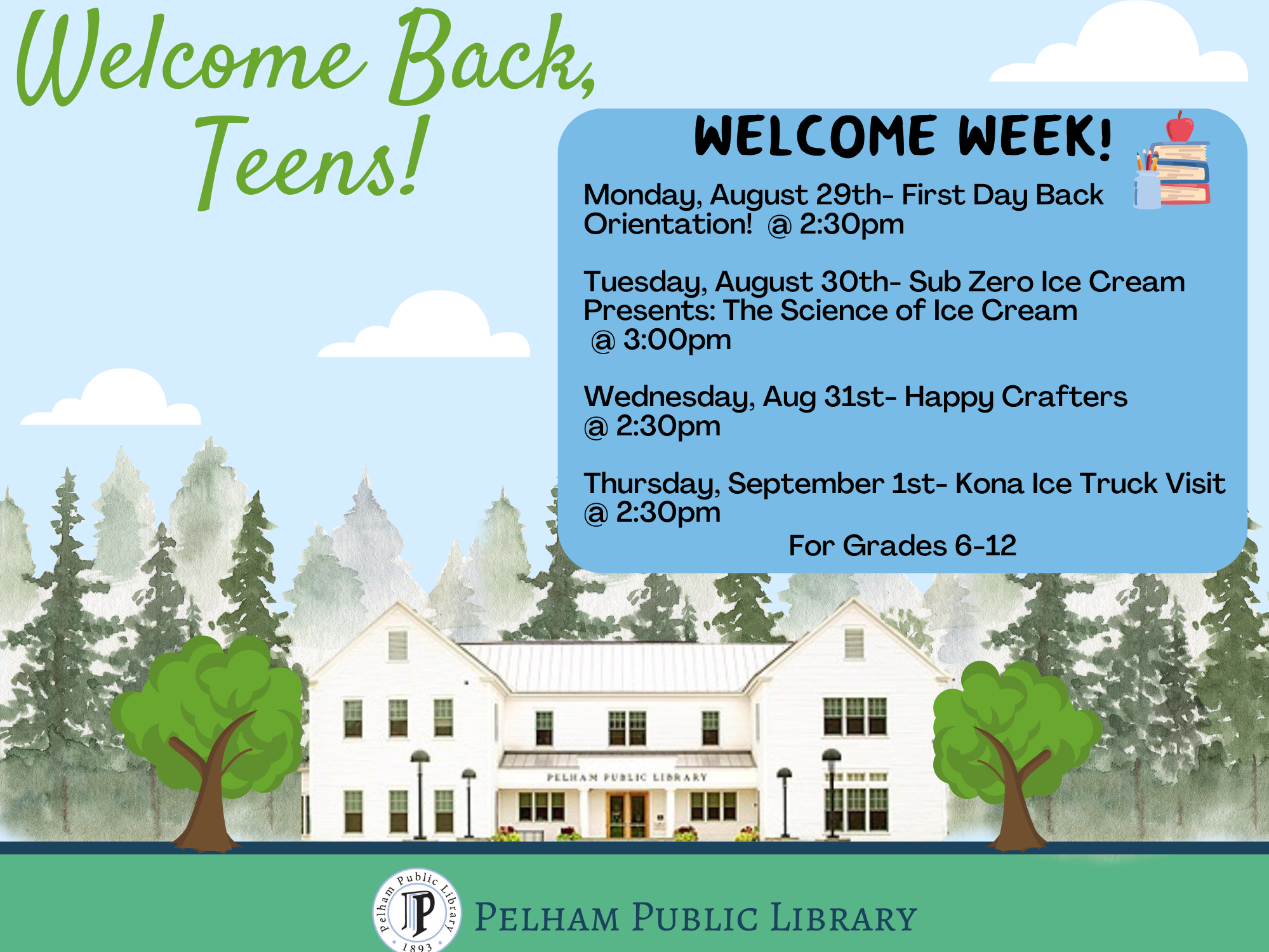 welcome back teens with image of library