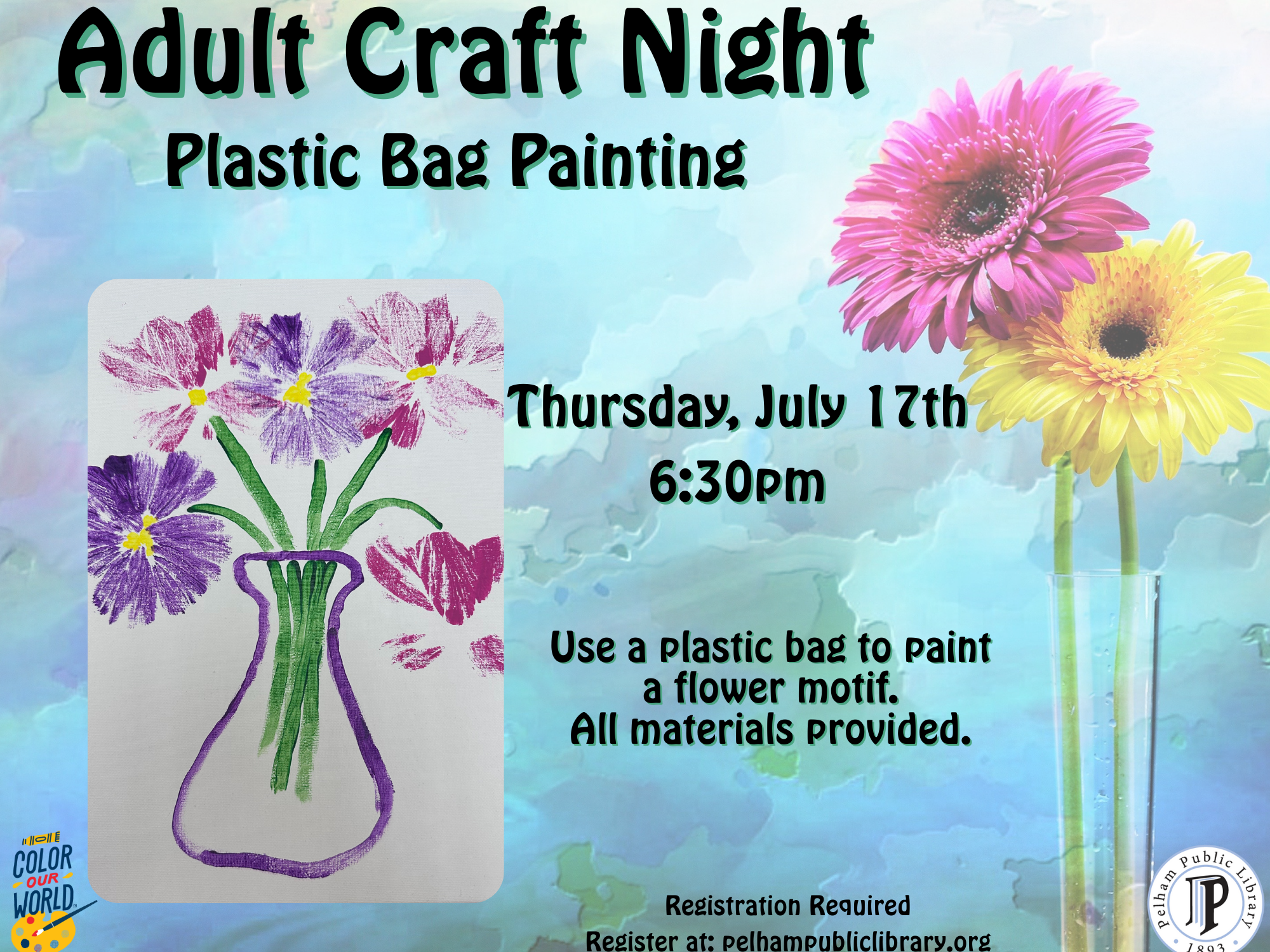 Adult Craft night: Plastic bag painting, Thurs, July 17th 6:30pm